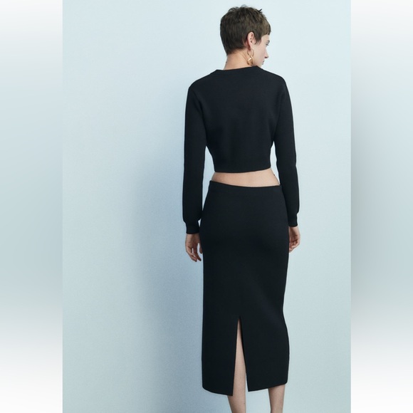 Zara Black High waisted Knit Midi Pencil Skirt elastic waistband Back Slit S NWT - Picture 2 of 16